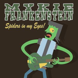 A frankenstein with a mullet and a guitar, drawn in a mid century style.